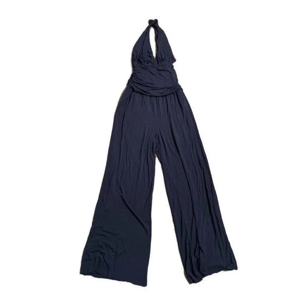 Solid Navy Blue V Neck Plunge Halter Tank Wide Leg Pant Jumpsuit Medium